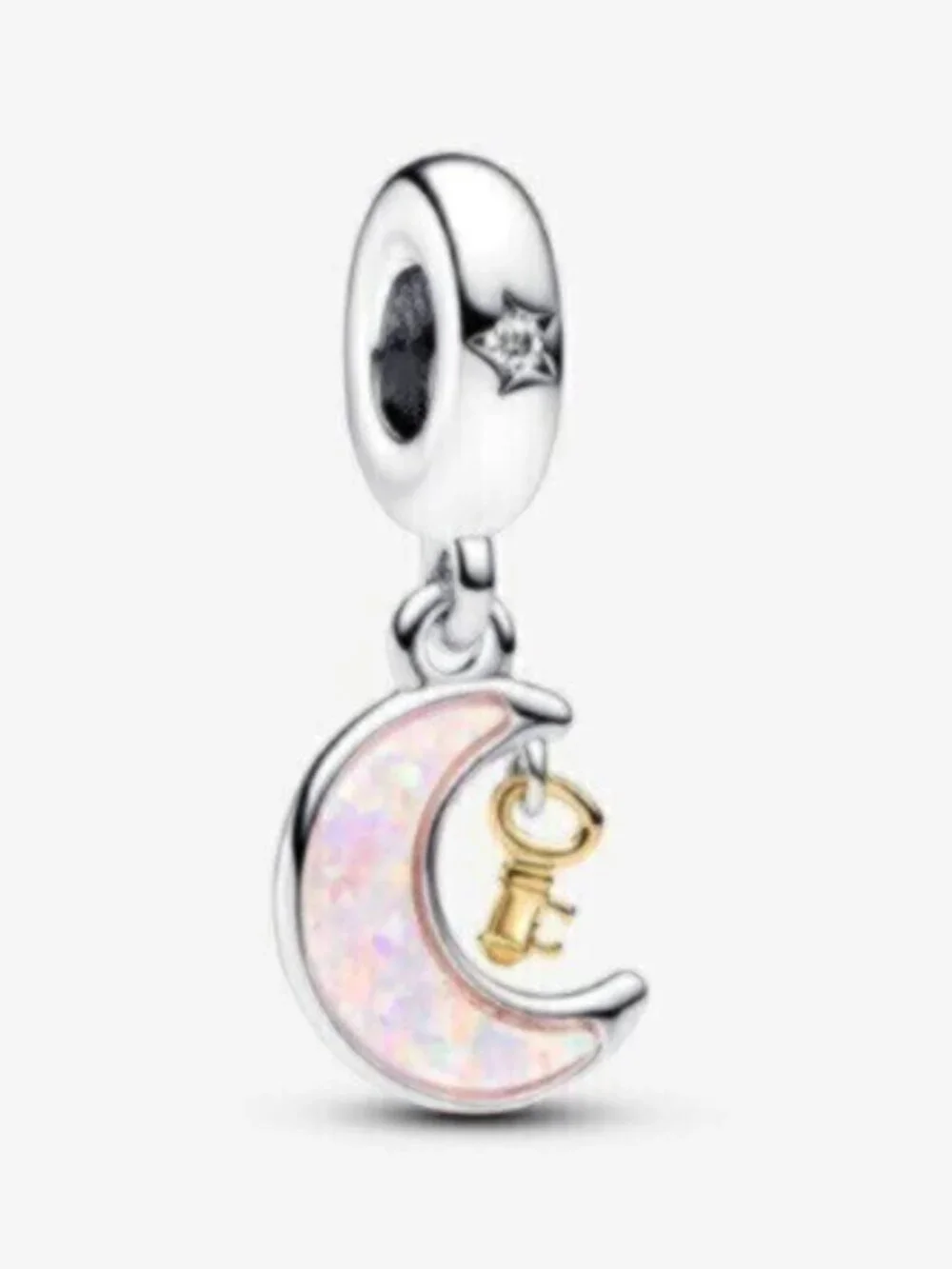 Pandora Silver Moon Opal Dangle Charm with Gold Key Accent
